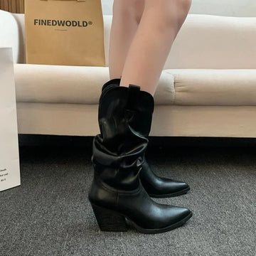 Xajzpa Female Western Boots Cowboy Boots Women Plested Women Ankle  Pu Leather Shoes Autumn Boots Women Booties Lady Plus Size 42